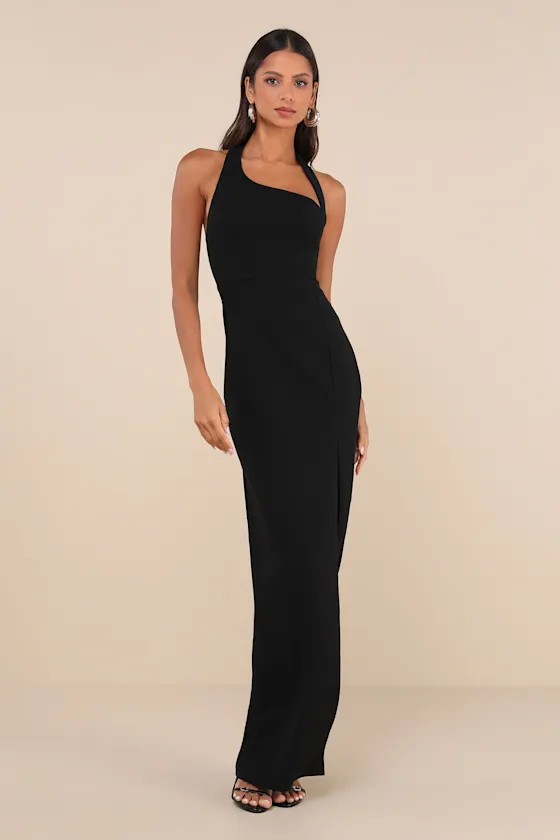 Unforgettable Composure Black Asymmetrical Halter Maxi Dress sold by Lulus