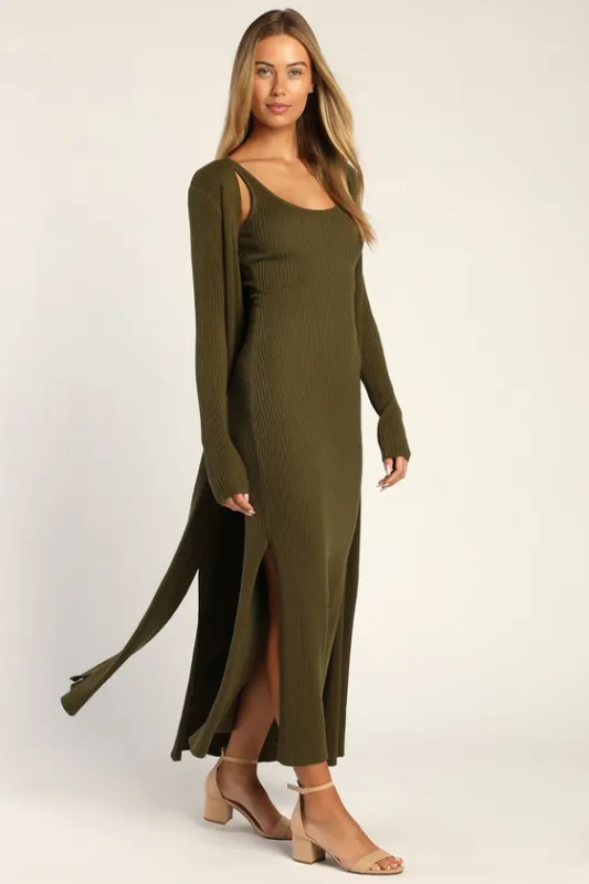 Layer Lover Olive Ribbed Knit Two-Piece Dress & Cardigan Set sold by Lulus
