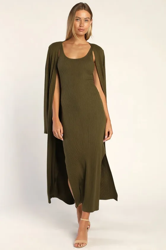 Layer Lover Olive Ribbed Knit Two-Piece Dress & Cardigan Set sold by Lulus product image thumbnail 2
