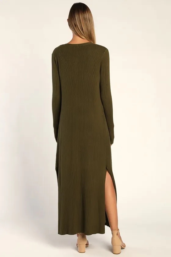 Layer Lover Olive Ribbed Knit Two-Piece Dress & Cardigan Set sold by Lulus product image thumbnail 3