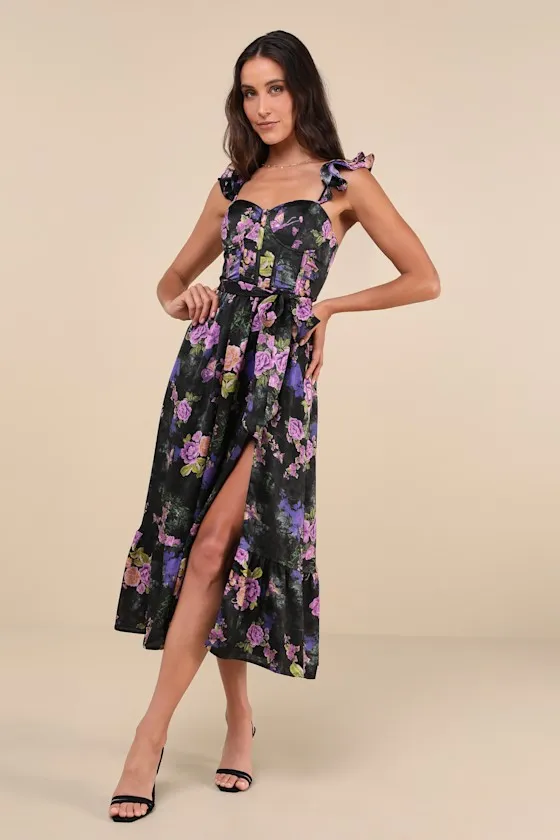 Sweet Like Sangria Black Floral Ruffled Bustier Midi Dress sold by Lulus