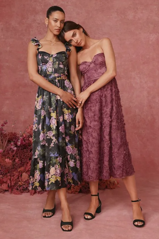 Sweet Like Sangria Black Floral Ruffled Bustier Midi Dress sold by Lulus product image thumbnail 2