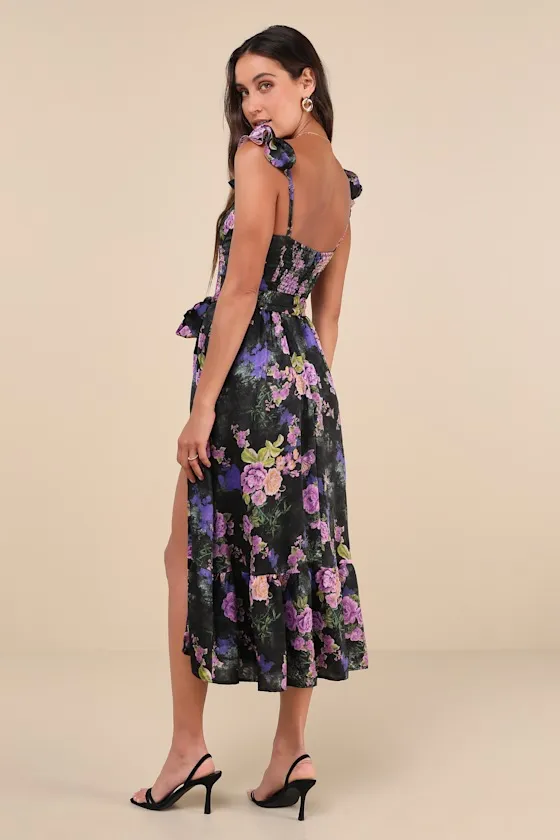 Sweet Like Sangria Black Floral Ruffled Bustier Midi Dress sold by Lulus product image thumbnail 3