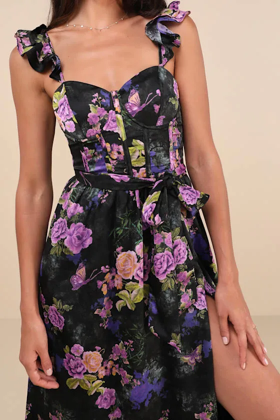 Sweet Like Sangria Black Floral Ruffled Bustier Midi Dress sold by Lulus product image thumbnail 4