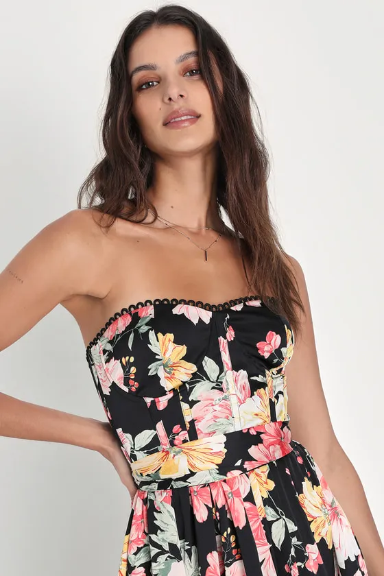 Symphony Black Floral Satin Strapless Bustier Dress With Pockets sold by Lulus