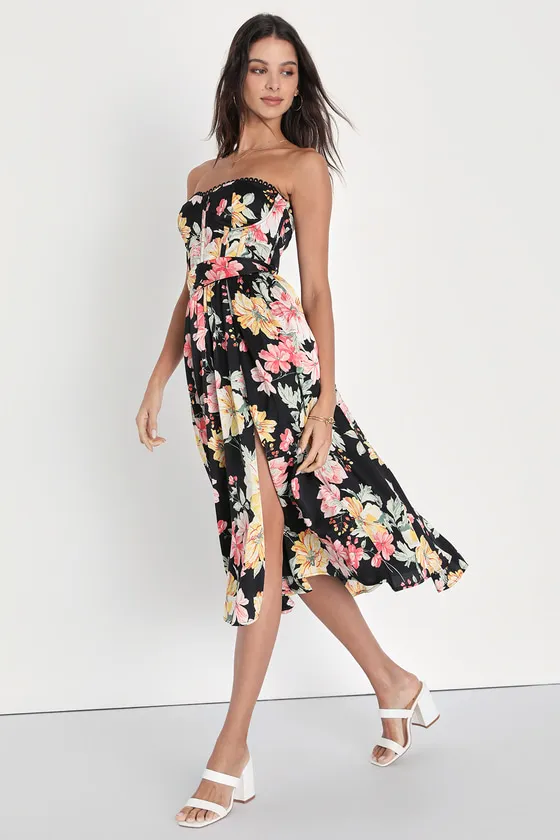 Symphony Black Floral Satin Strapless Bustier Dress With Pockets sold by Lulus product image thumbnail 2