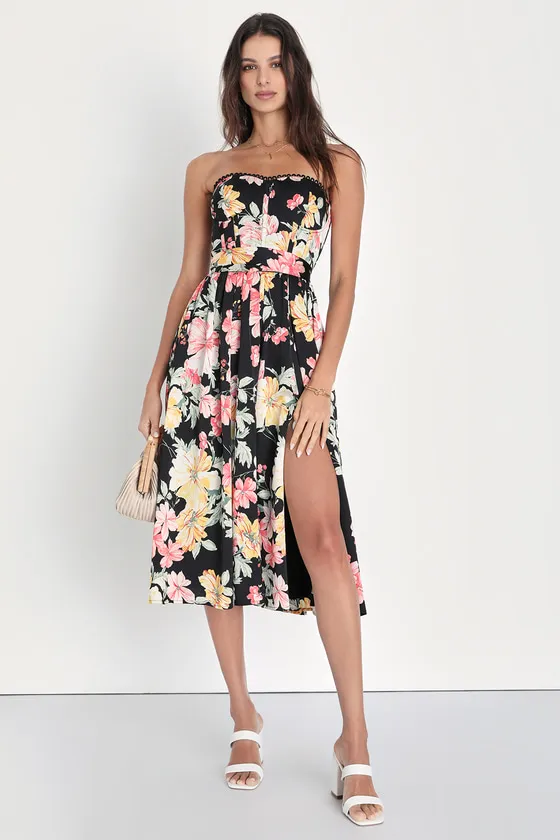 Symphony Black Floral Satin Strapless Bustier Dress With Pockets sold by Lulus product image thumbnail 3