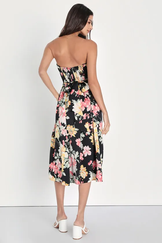 Symphony Black Floral Satin Strapless Bustier Dress With Pockets sold by Lulus product image thumbnail 4