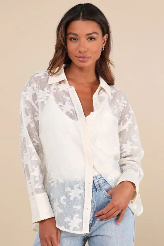 Composed Concept Ivory Burnout Clip Dot Oversized Button-Up Top sold by Lulus