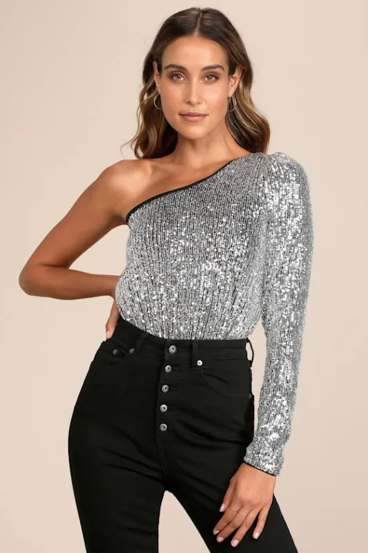Dancing Diva Black and Silver Sequin One-Shoulder Bodysuit sold by Lulus