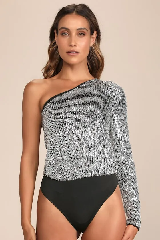 Dancing Diva Black and Silver Sequin One-Shoulder Bodysuit sold by Lulus product image thumbnail 3