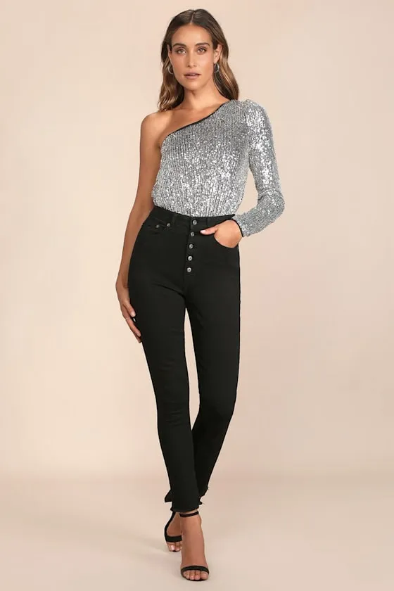 Dancing Diva Black and Silver Sequin One-Shoulder Bodysuit sold by Lulus product image thumbnail 4