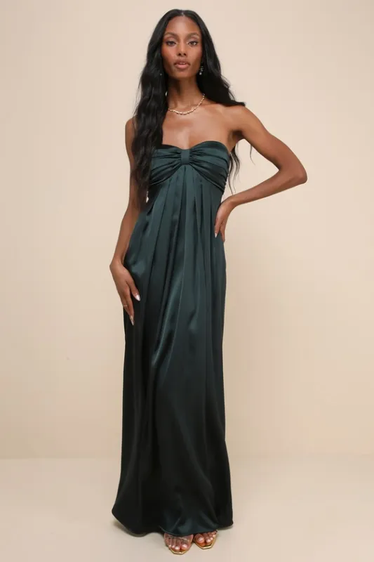 Memorable Entrance Emerald Green Strapless Satin Maxi Dress sold by Lulus