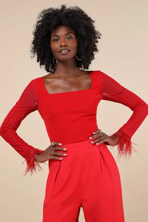 Effortlessly Luxe Red Feather Long Sleeve Bodysuit sold by Lulus