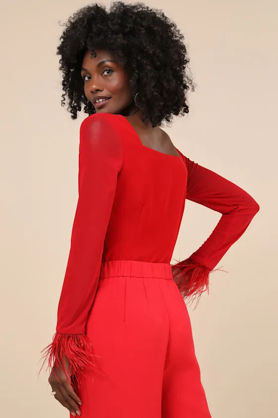 Effortlessly Luxe Red Feather Long Sleeve Bodysuit sold by Lulus product image thumbnail 3