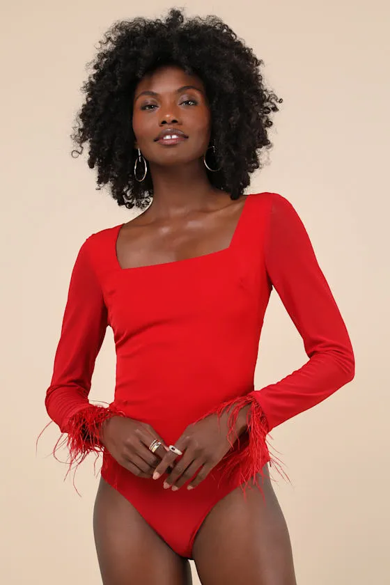 Effortlessly Luxe Red Feather Long Sleeve Bodysuit sold by Lulus product image thumbnail 4