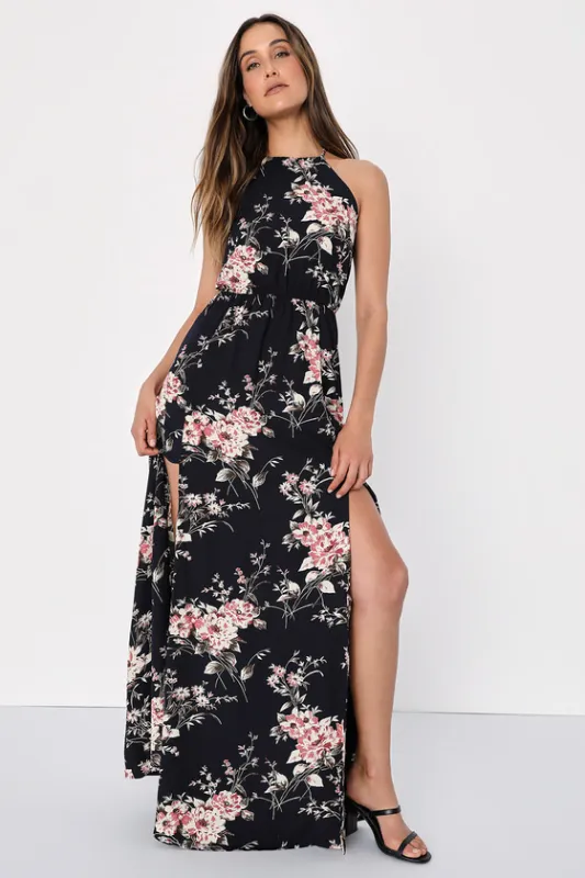 Feel the Music Midnight Blue Floral Print Maxi Dress sold by Lulus