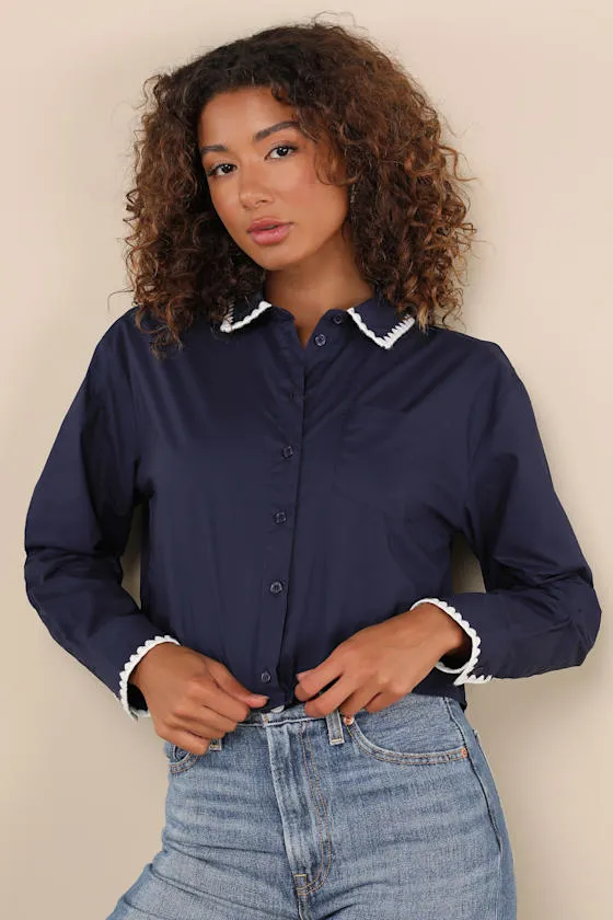 Aesthetic Charm Navy Blue Embroidered Collar Long Sleeve Top sold by Lulus