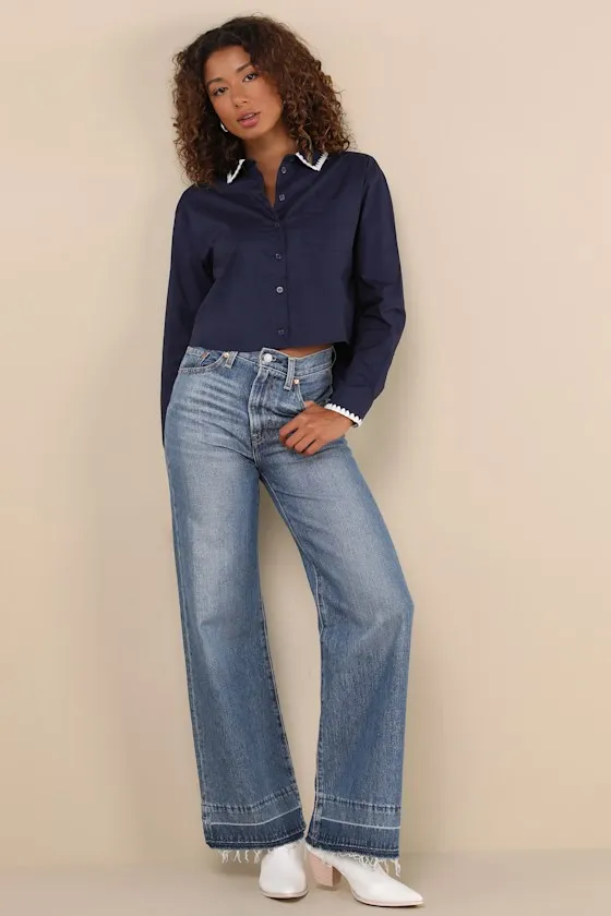 Aesthetic Charm Navy Blue Embroidered Collar Long Sleeve Top sold by Lulus product image thumbnail 3