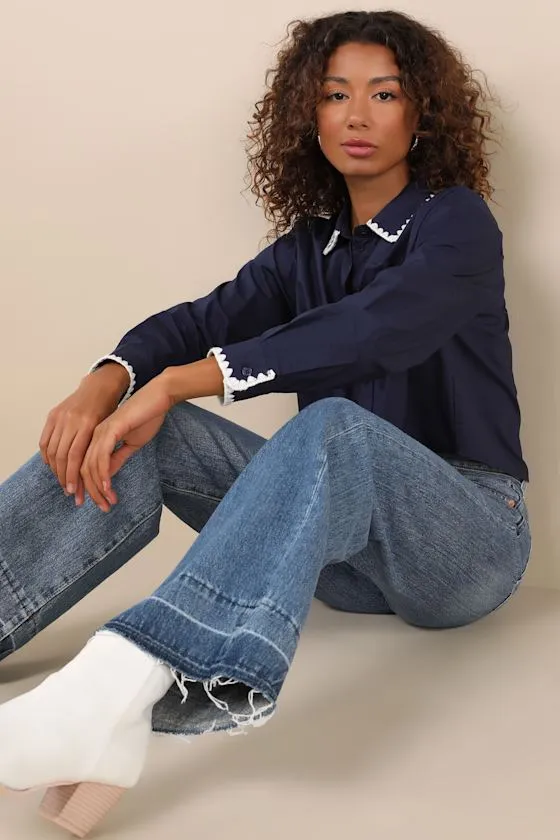 Aesthetic Charm Navy Blue Embroidered Collar Long Sleeve Top sold by Lulus product image thumbnail 4