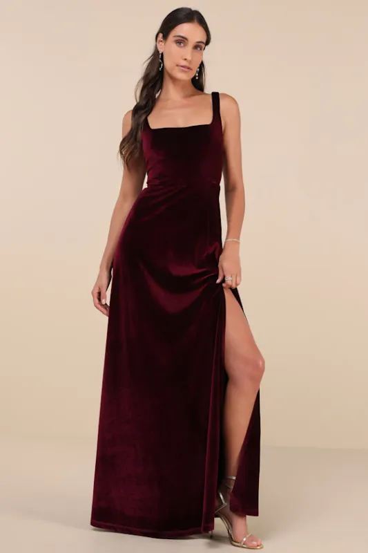 Graceful Invite Dark Plum Velvet Square Neck Lace-Up Maxi Dress sold by Lulus