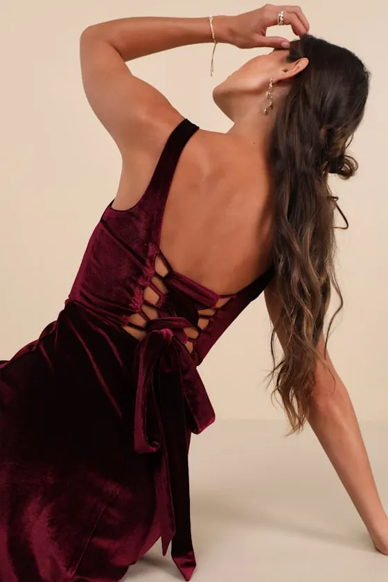 Graceful Invite Dark Plum Velvet Square Neck Lace-Up Maxi Dress sold by Lulus product image thumbnail 4