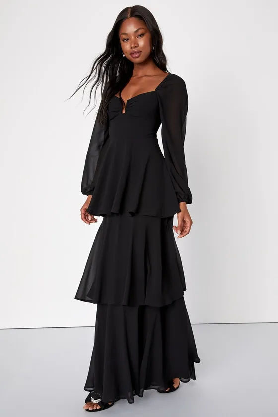 Tier to Enchant Black Long Sleeve Tiered Maxi Dress sold by Lulus