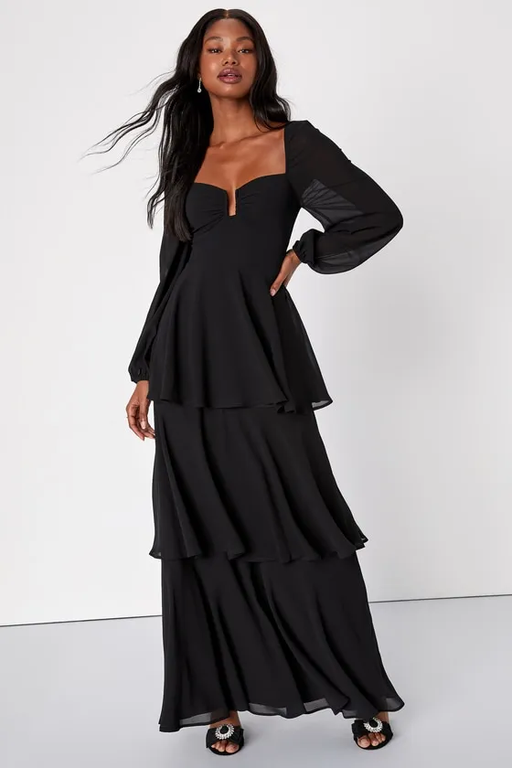 Tier to Enchant Black Long Sleeve Tiered Maxi Dress sold by Lulus product image thumbnail 4