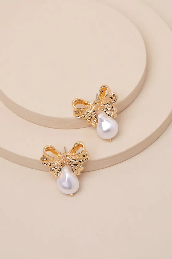 Sweetest Selection Gold Bow Pearl Earrings sold by Lulus product image thumbnail 3