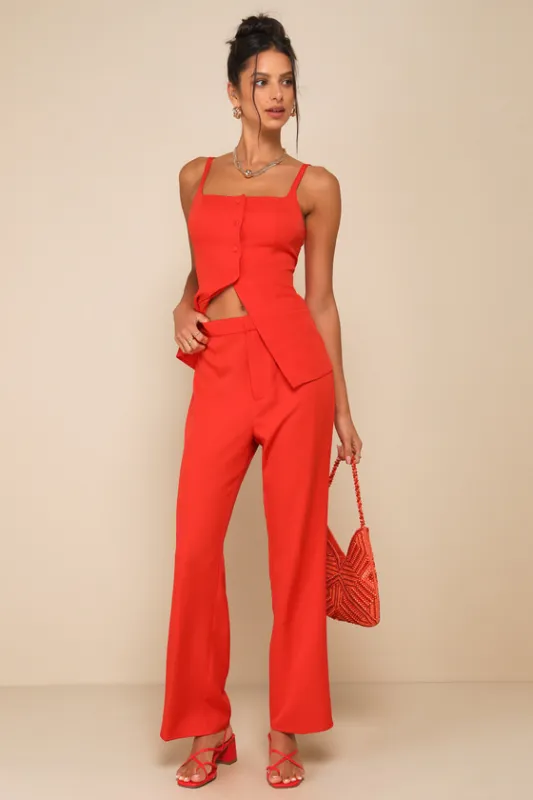 Chic Muse Bright Red High-Rise Straight-Leg Trouser Pants sold by Lulus