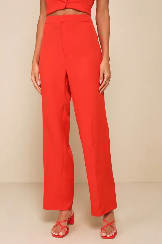 Chic Muse Bright Red High-Rise Straight-Leg Trouser Pants sold by Lulus product image thumbnail 2