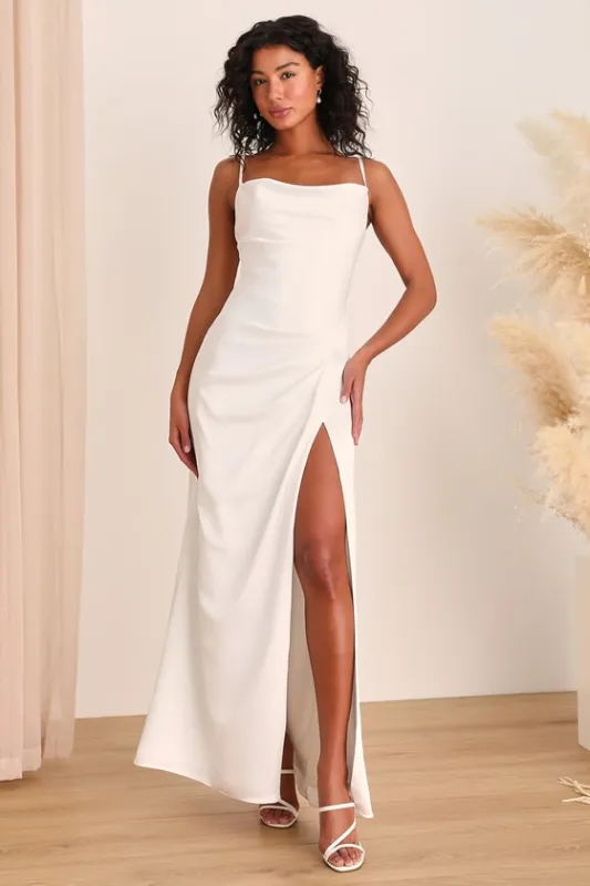 Here's to Love White Satin Backless Column Maxi Dress made by Lulus