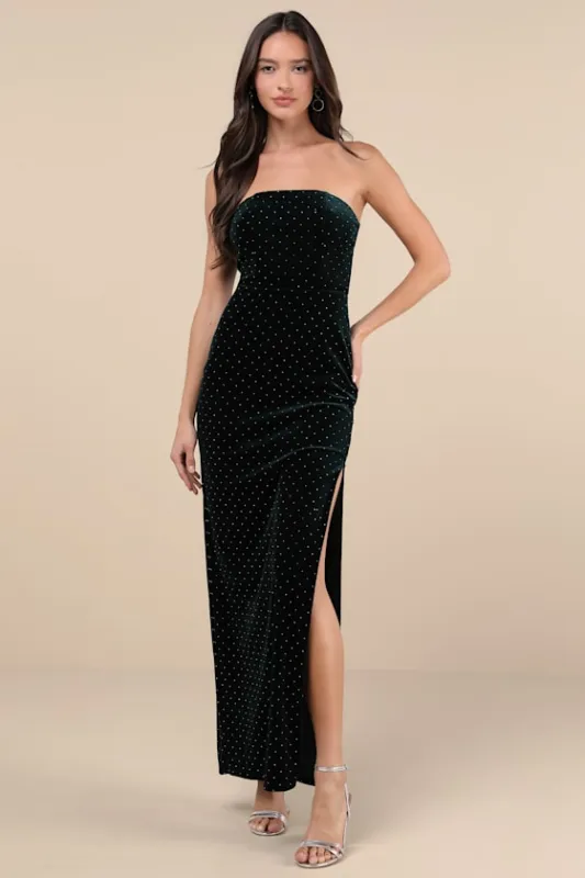 Dreamy Choice Dark Green Rhinestone Strapless Maxi Dress sold by Lulus