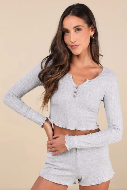 Cuddly Aura Heather Grey Ribbed Henley Two-Piece Pajama Set sold by Lulus
