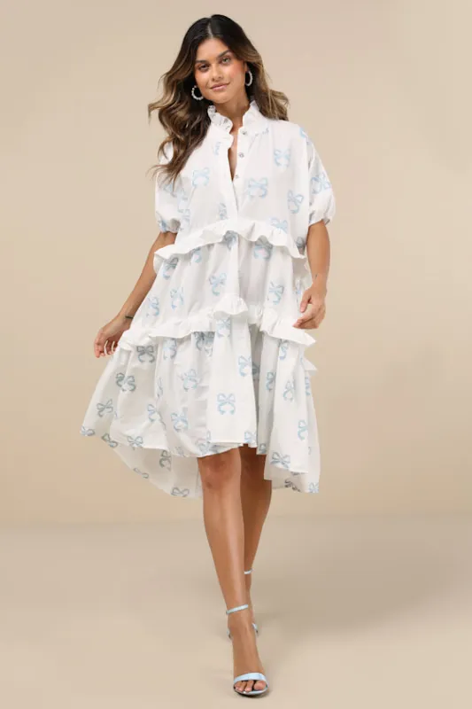 Cassia White Oversized Tiered Ruffled Embroidered Bow Mini Dress sold by Lulus