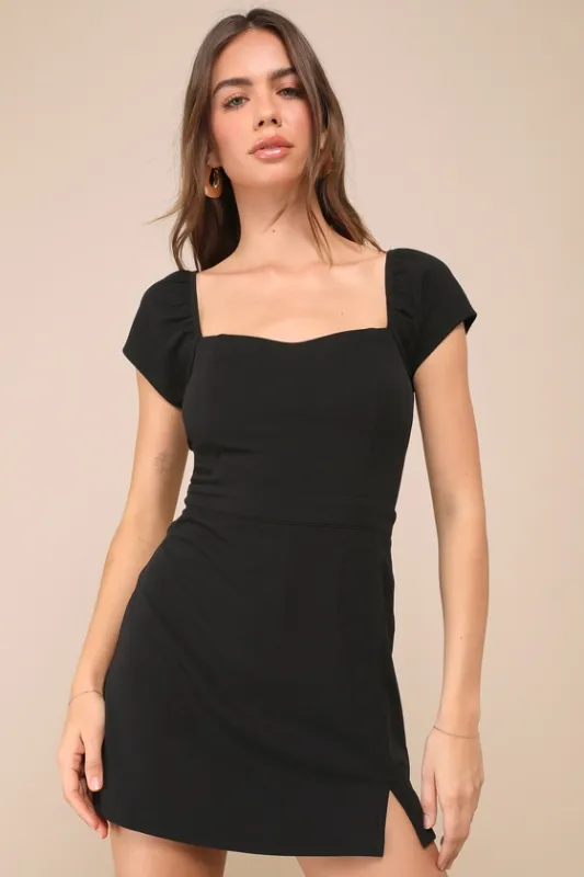 Remarkably Perfect Black Short Sleeve Skort Romper sold by Lulus