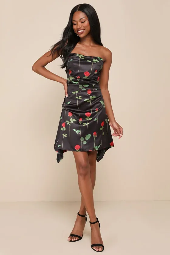 Truly Refined Black Rose Print Satin Strapless Mini Dress sold by Lulus product image thumbnail 2