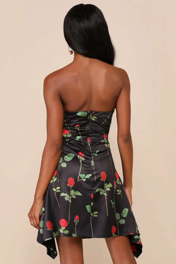 Truly Refined Black Rose Print Satin Strapless Mini Dress sold by Lulus product image thumbnail 3