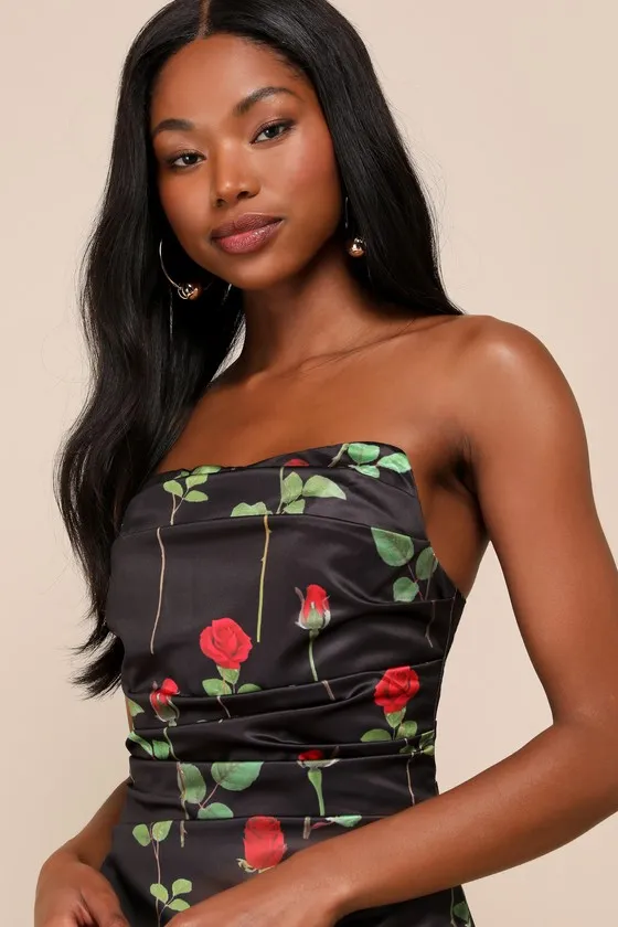 Truly Refined Black Rose Print Satin Strapless Mini Dress sold by Lulus product image thumbnail 4