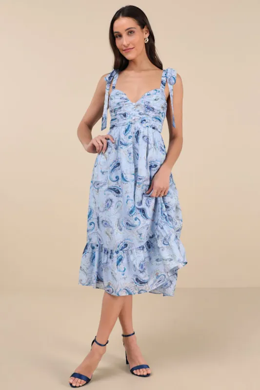 Lush Loveliness Light Blue Paisley Tie-Strap Midi Dress sold by Lulus