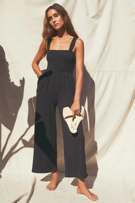 Social Calendar Black Ribbed Knit Wide-Leg Jumpsuit sold by Lulus