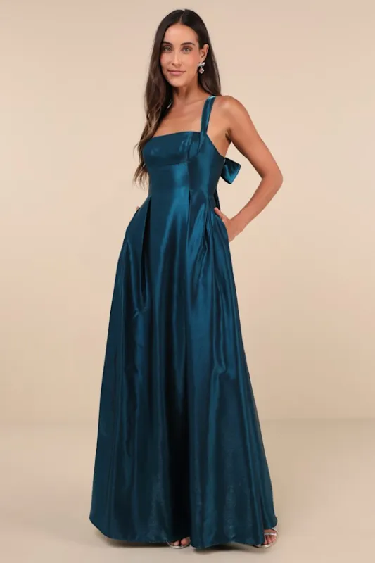 Immaculate Aura Shiny Dark Teal Taffeta Maxi Dress With Pockets sold by Lulus
