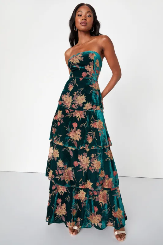 Real Allure Emerald Floral Burnout Velvet Strapless Maxi Dress sold by Lulus
