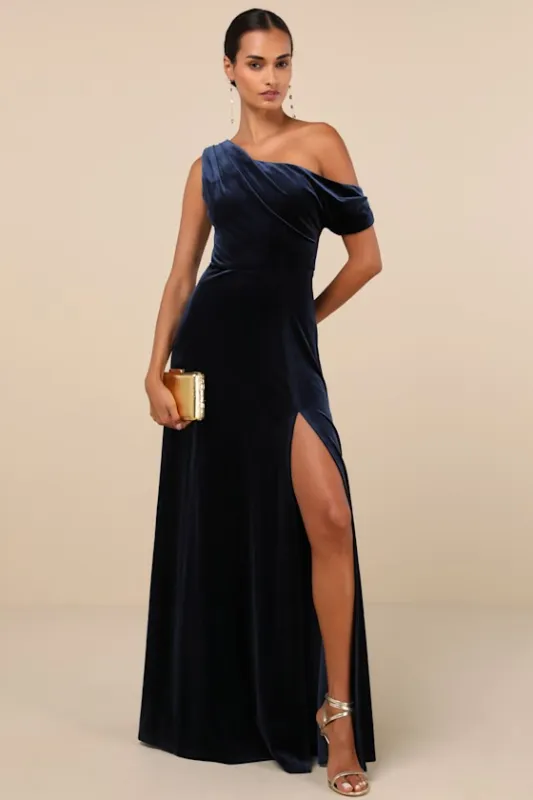 Coveted Confidence Navy Blue Velvet Asymmetrical Maxi Dress sold by Lulus