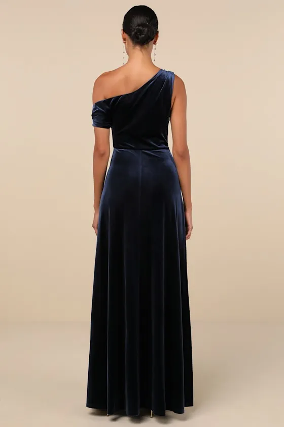 Coveted Confidence Navy Blue Velvet Asymmetrical Maxi Dress sold by Lulus product image thumbnail 3