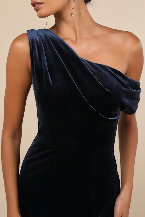 Coveted Confidence Navy Blue Velvet Asymmetrical Maxi Dress sold by Lulus product image thumbnail 4