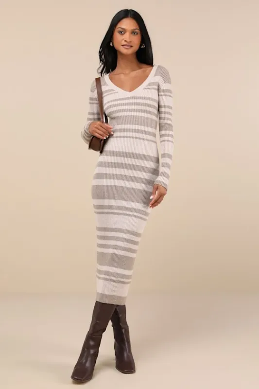 Casual Aura Heathered Beige Striped Knit Long Sleeve Midi Dress sold by Lulus