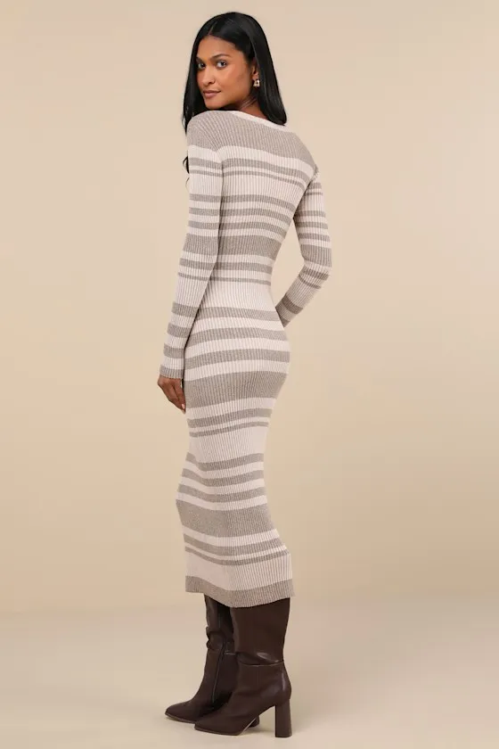Casual Aura Heathered Beige Striped Knit Long Sleeve Midi Dress sold by Lulus product image thumbnail 2