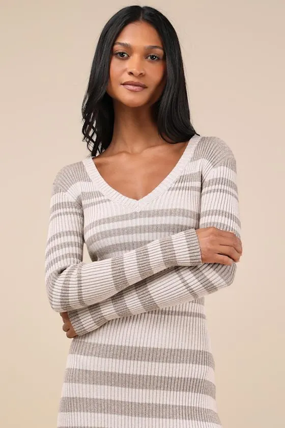 Casual Aura Heathered Beige Striped Knit Long Sleeve Midi Dress sold by Lulus product image thumbnail 4