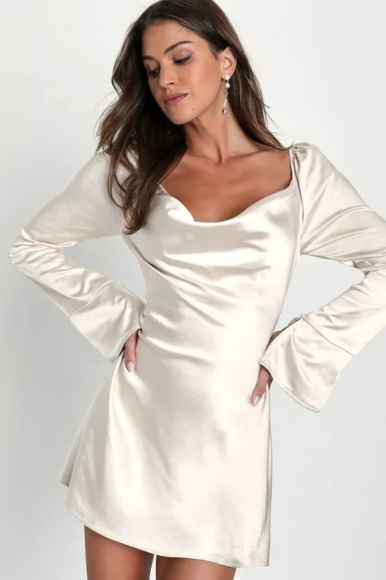 Sensational Fate Champagne Satin Cowl Neck Mini Dress sold by Lulus